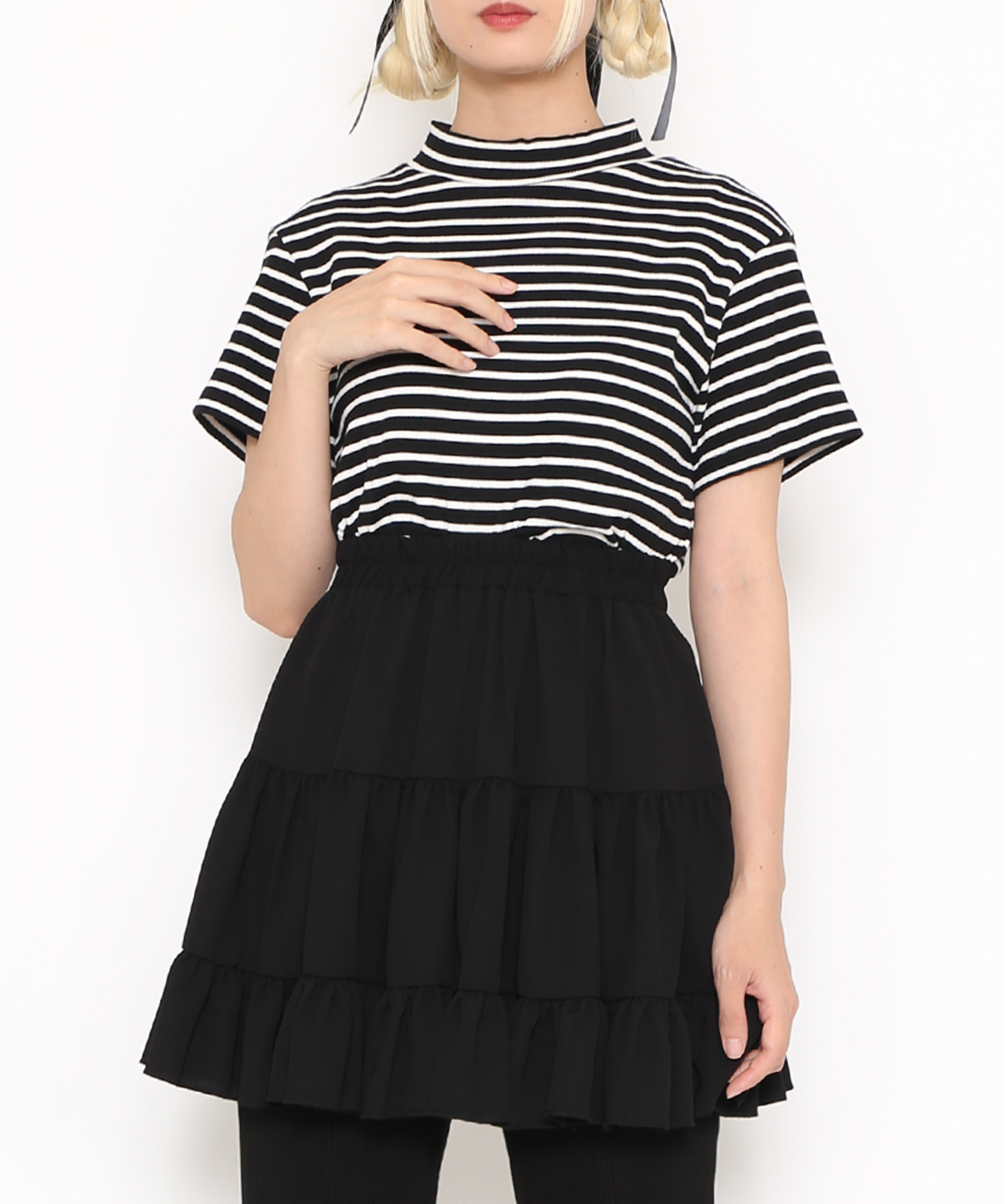 【美品】BEARDSLEYパフスリーブ 変形 ボーダー カットソー Tシャツ BEARDSLEY（ビアズリー）の「ボーダーフレンチ変形カットソー（T