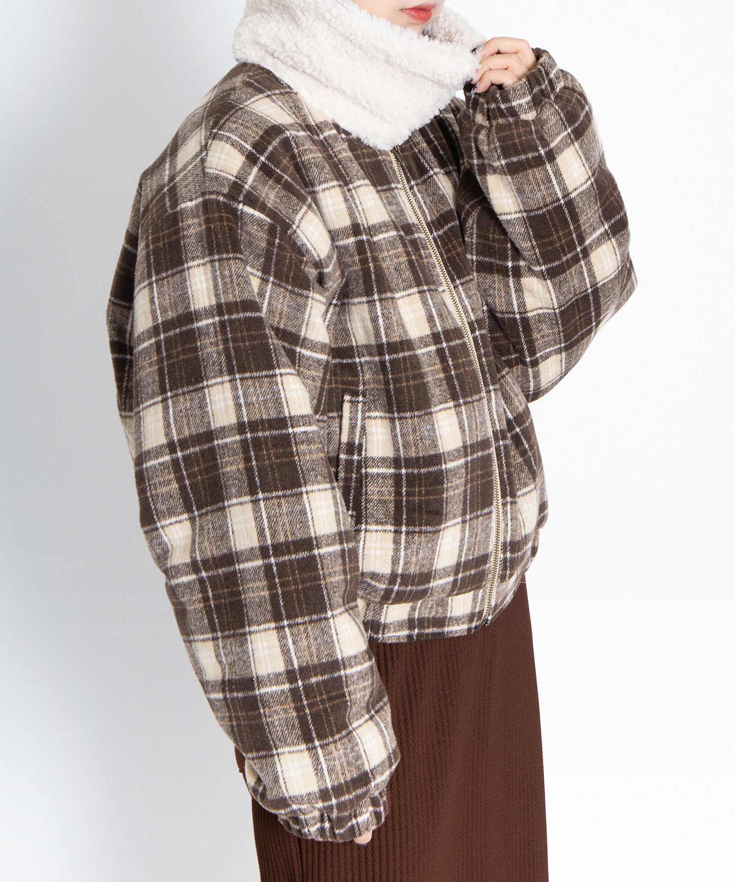 ボア襟チェック柄ブルゾン[商品：PN25AW-018] - PUNYUS Online Store