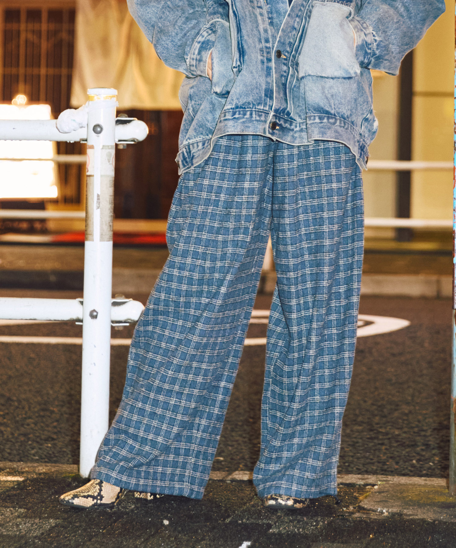   チェック柄パンツ ネイビー/ホワイト Aimoon チェック柄 ワイドパンツ レディース -ファッション通販