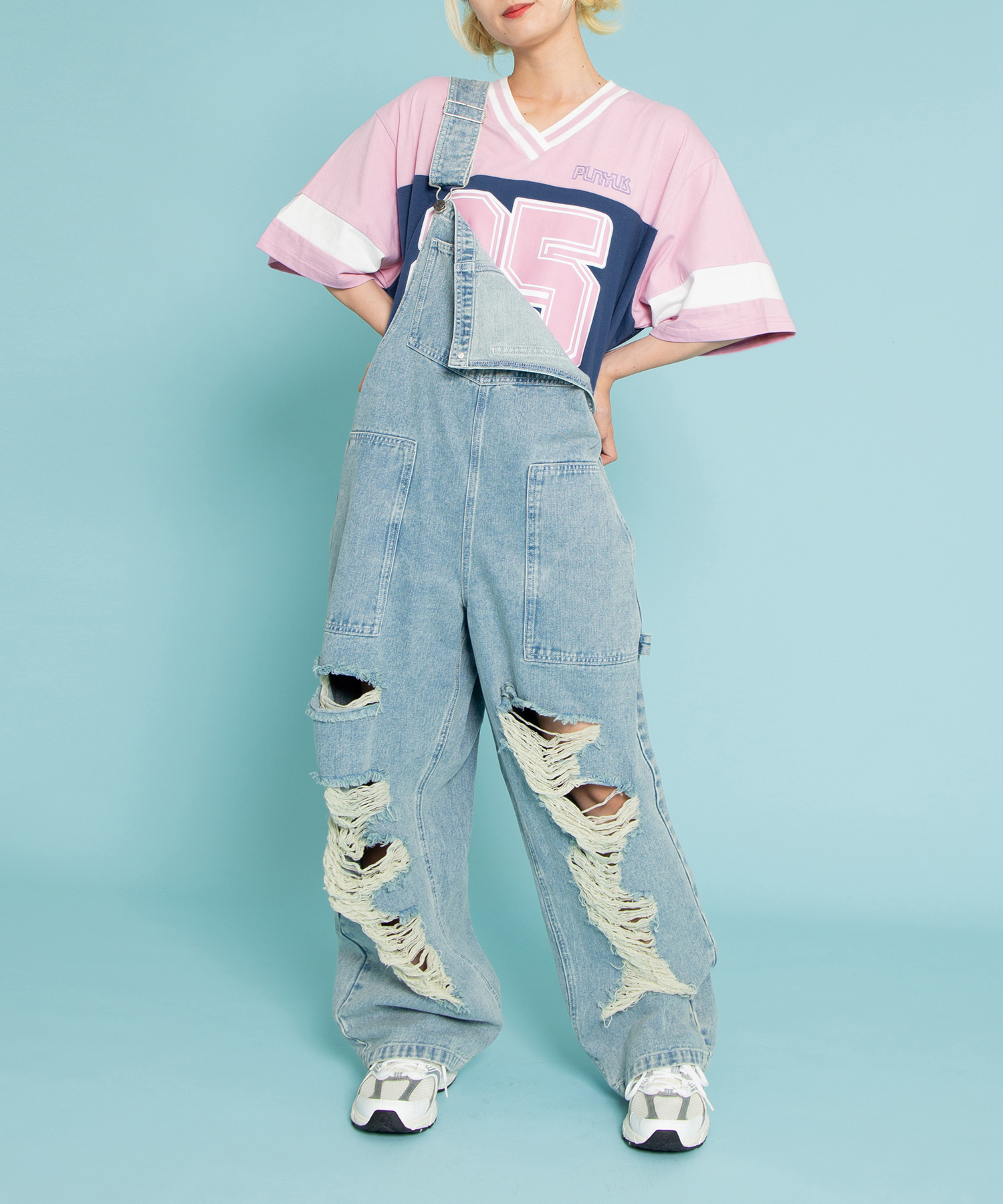 ダメージデニムオーバーオール[商品：PN25SS-013] - PUNYUS