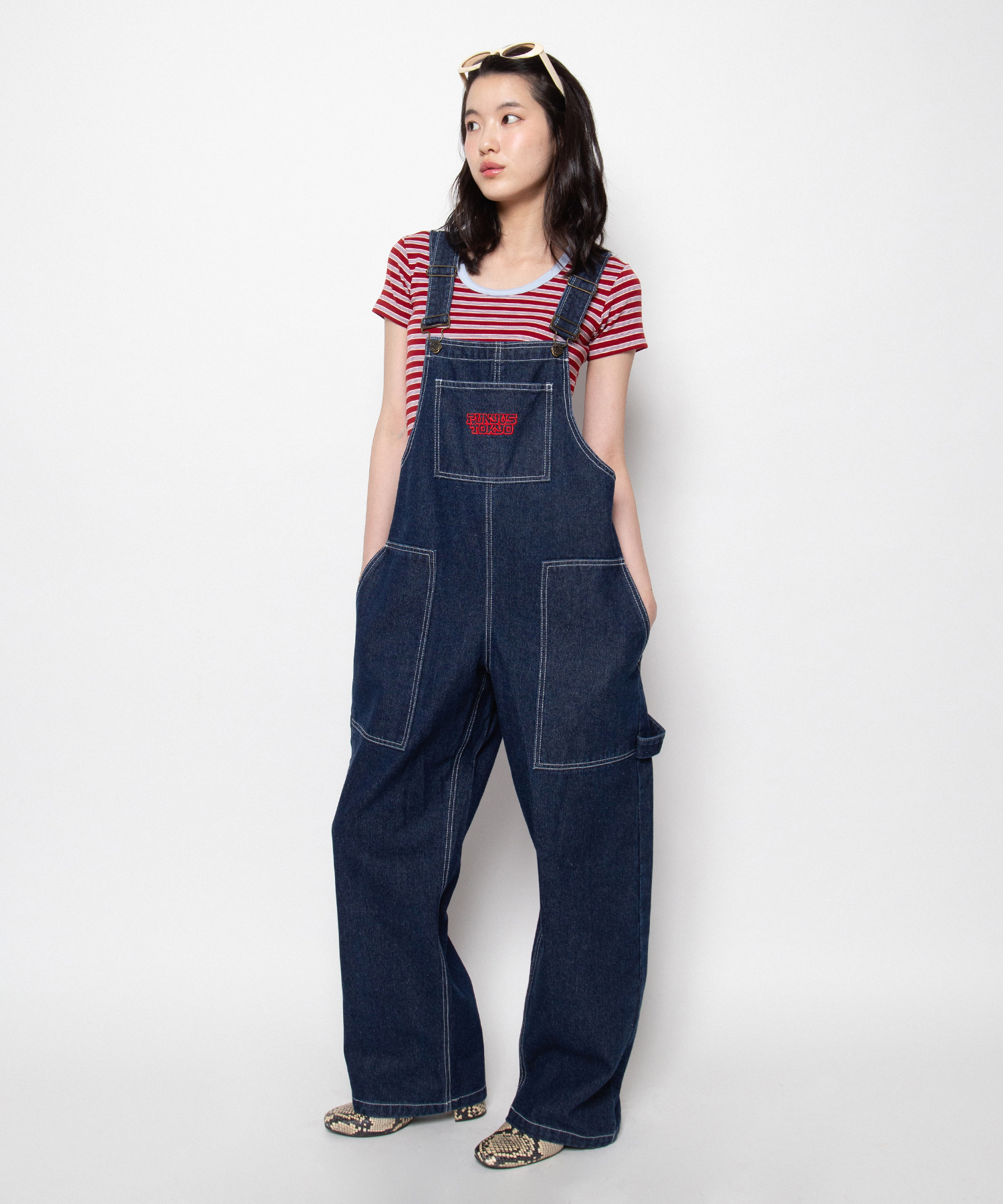  デニム オーバーオール ロゴストラップ ロゴ刺繍デニムオーバーオール[商品：PN26SS-002] - PUNYUS Online