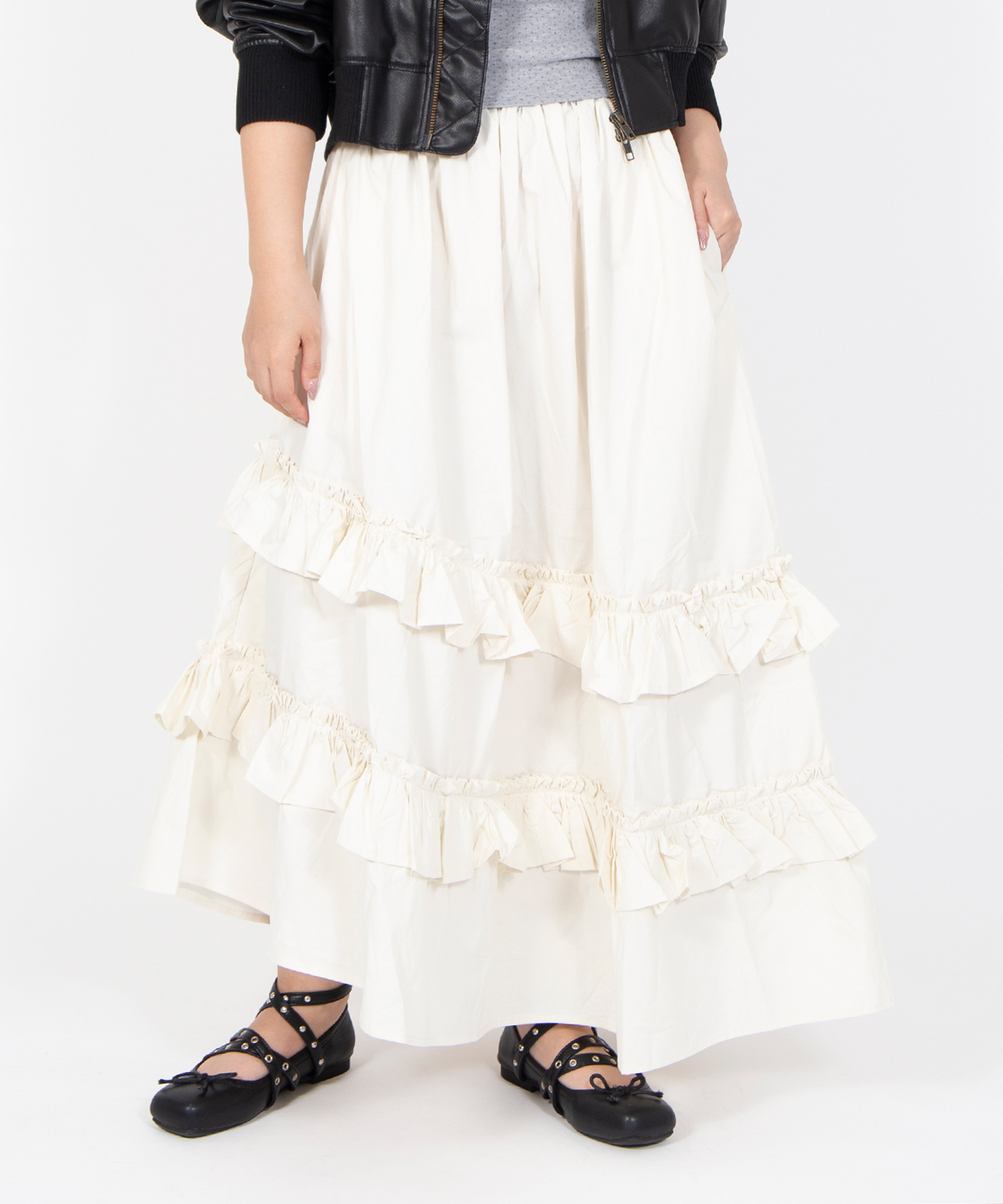 Batsheva リボン付きフリルロングスカート アシンメトリーチェックフリルロングスカート[商品：PN25AWR-013