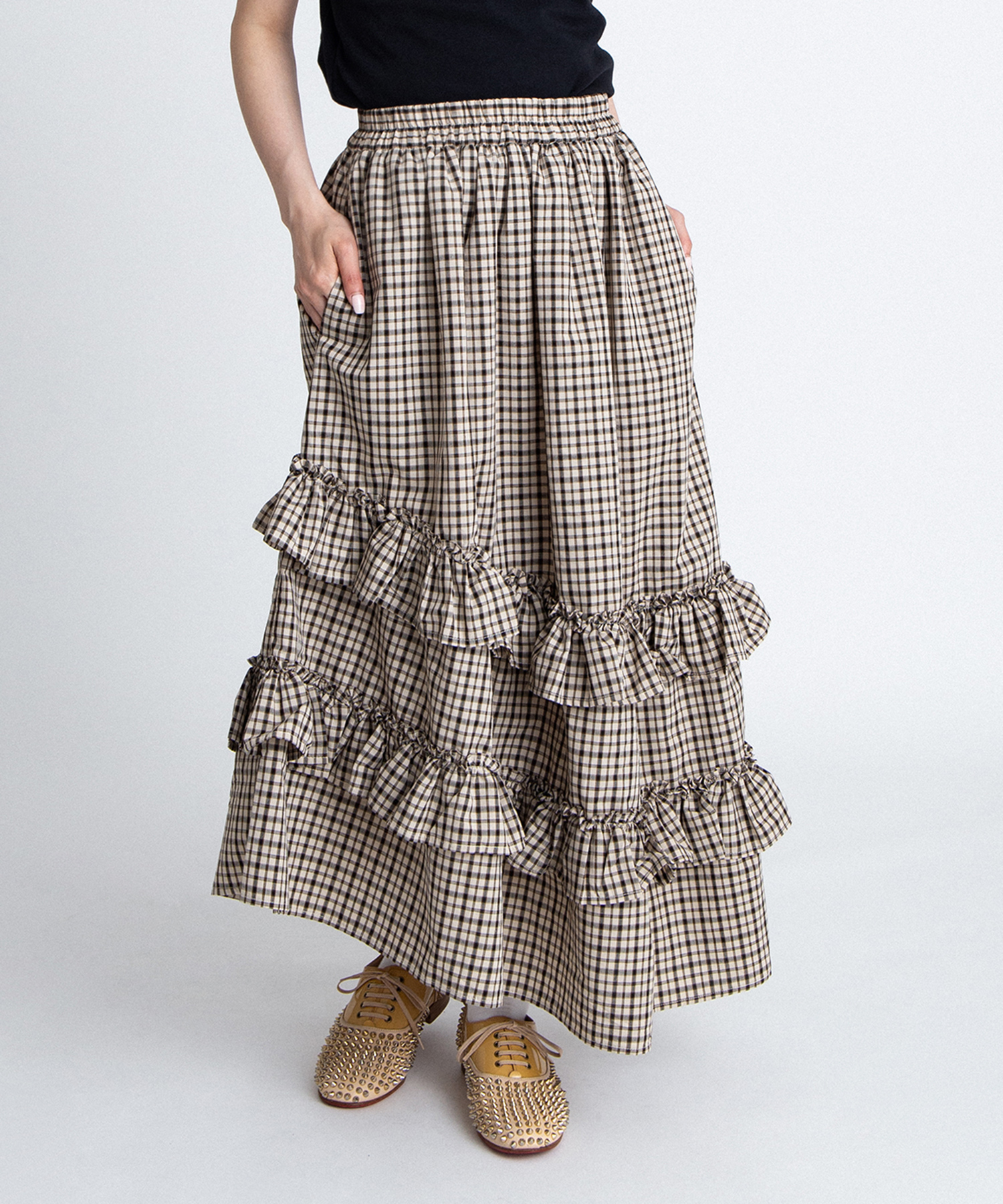 アシンメトリーチェックフリルロングスカート[商品：PN26SS-037