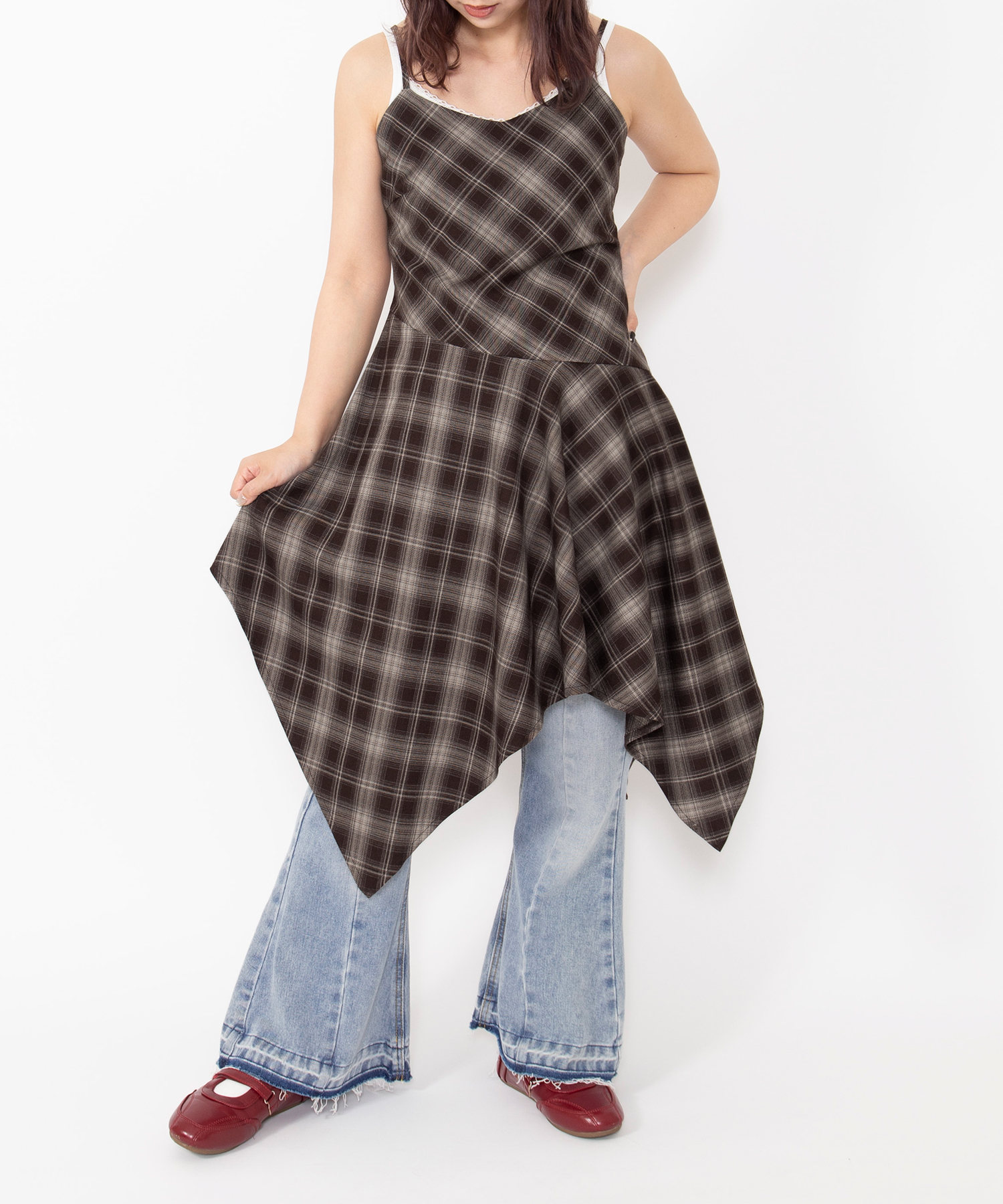 チェック柄イレヘムキャミワンピース[商品：PN26SS-044] - PUNYUS