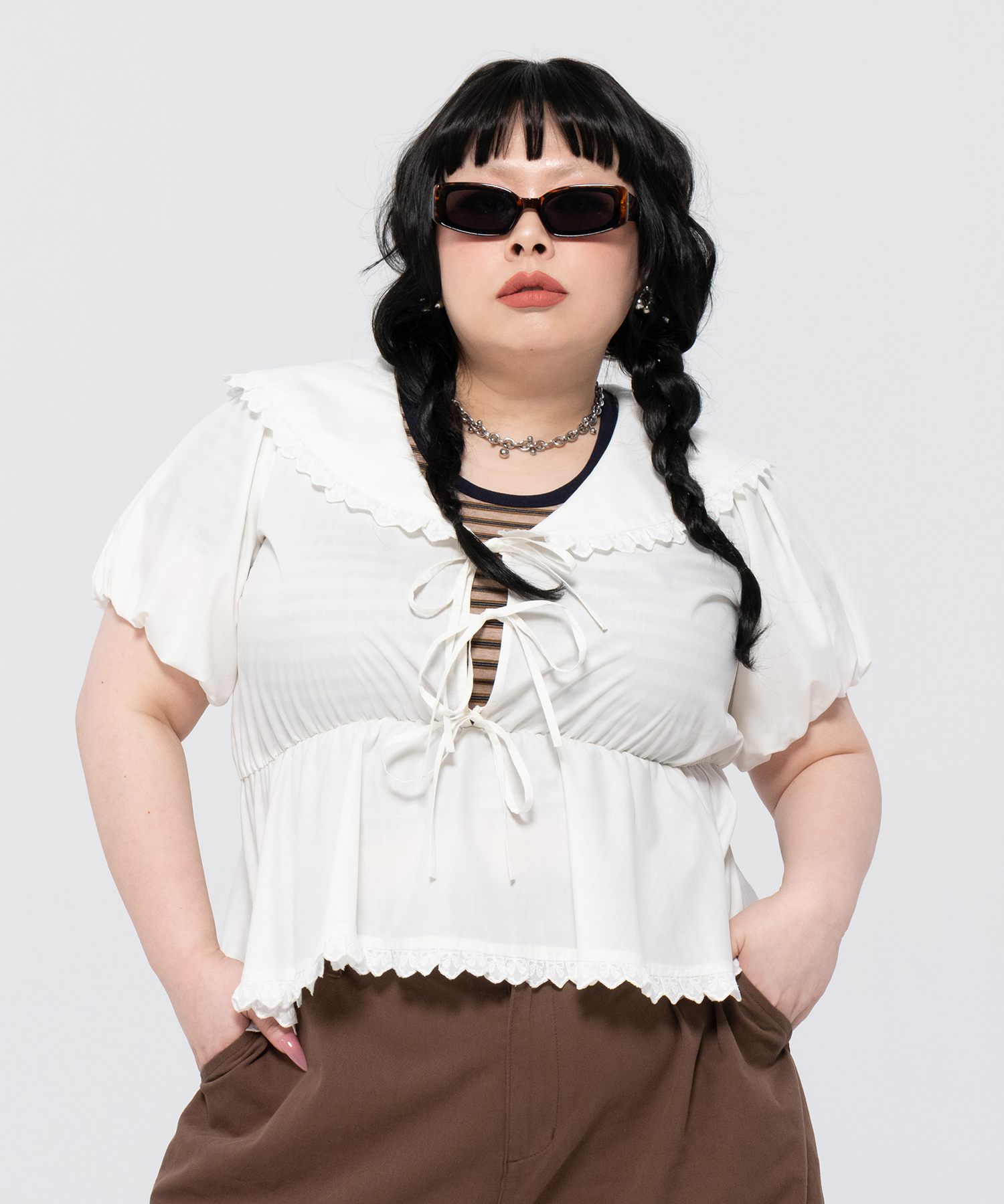 フリルビッグカラー半袖ブラウス[商品：PN26SS-083] - PUNYUS Online