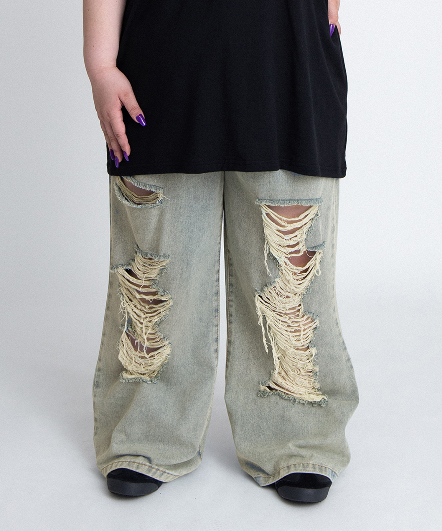 ダメージデニムワイドパンツ[商品：PN26T-001] - PUNYUS Online Store